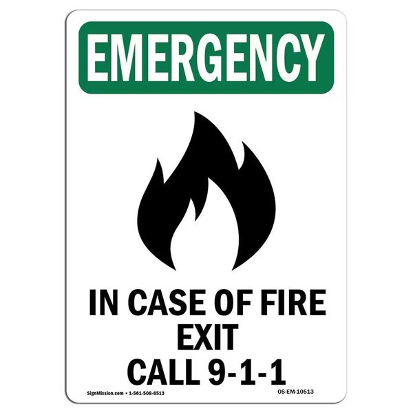 OSHA EMERGENCY Sign, In Case Of Fire Exit, 5in X 3.5in Decal, 10PK, 3.5